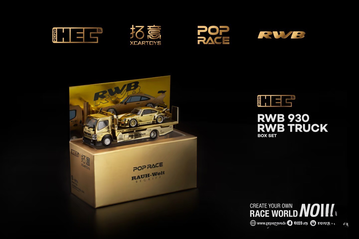 Pop Race XCartoys HEC Beijing 1/64 RWB 930 Gold Set Ltd 300 Truck Transporter
