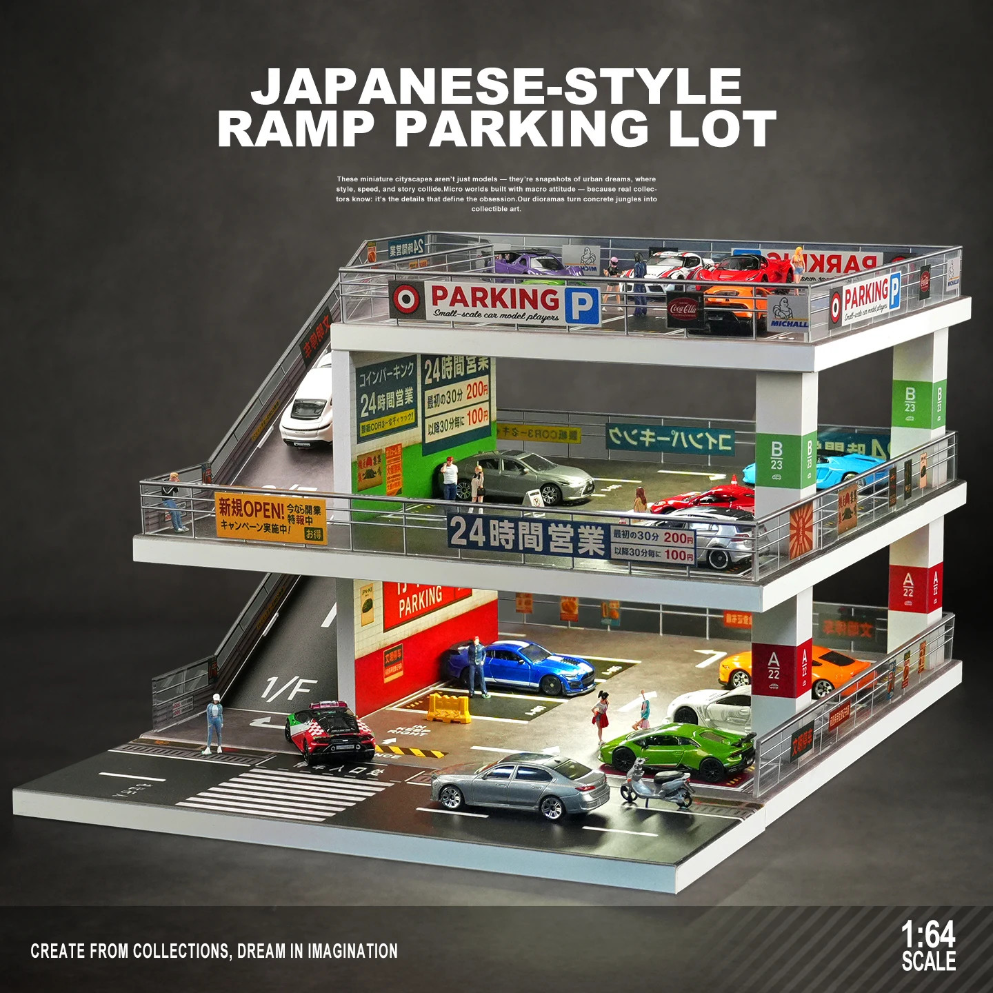 1/64 Diorama Diecast Car Garage Model LED 3-Layer Parking Lots Building Scene US