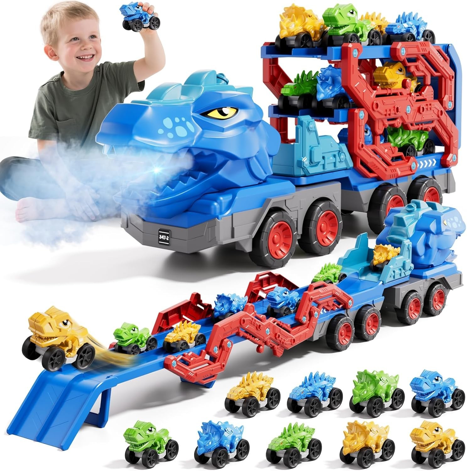 Toddler Truck Toys for 3-8 Years Old Boy Dinosaur Cars Transport Truck Carrier