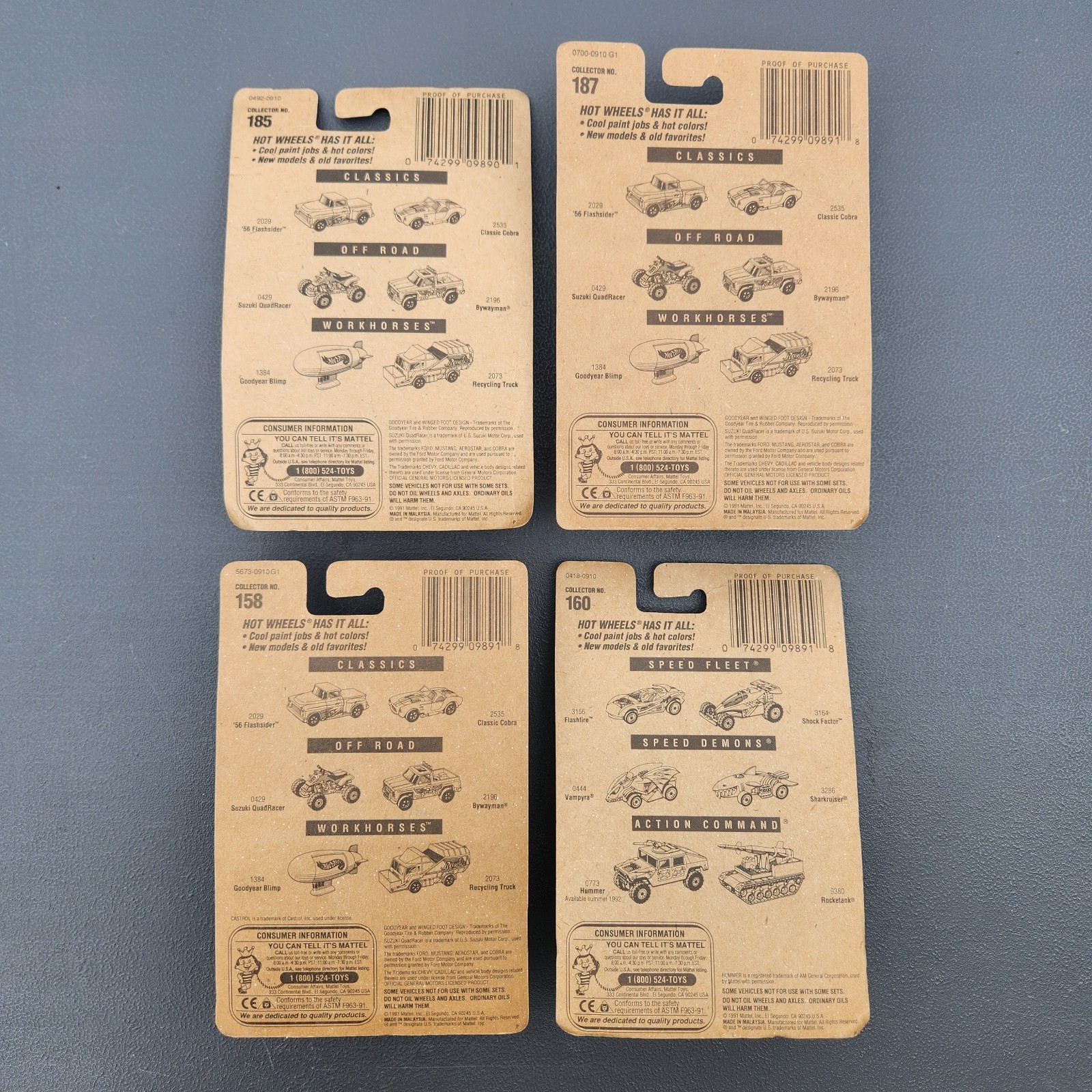 Lot Of 4 Miscellaneous Hot Wheels Blue Card 1:64 Die Cast #158, #160, #185, #187