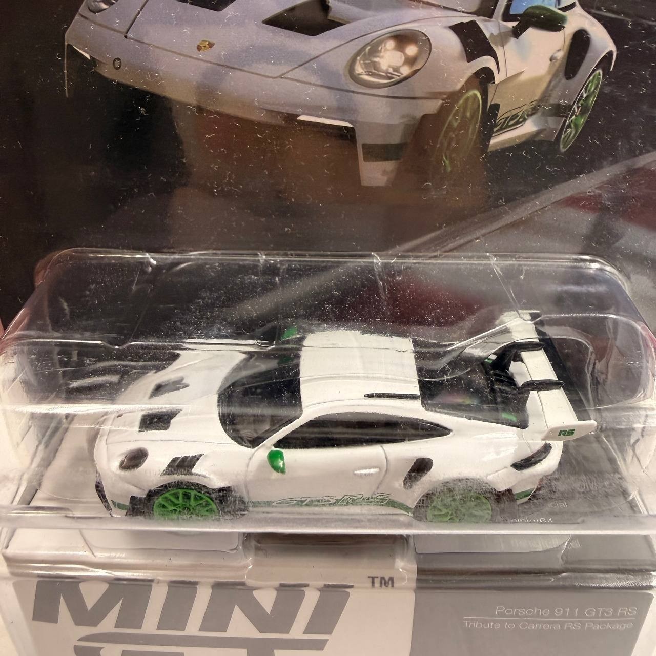 Two MINI GT Porsche 911 GT3 R White Carbon Package AO Racing Rexy Pink 1/64