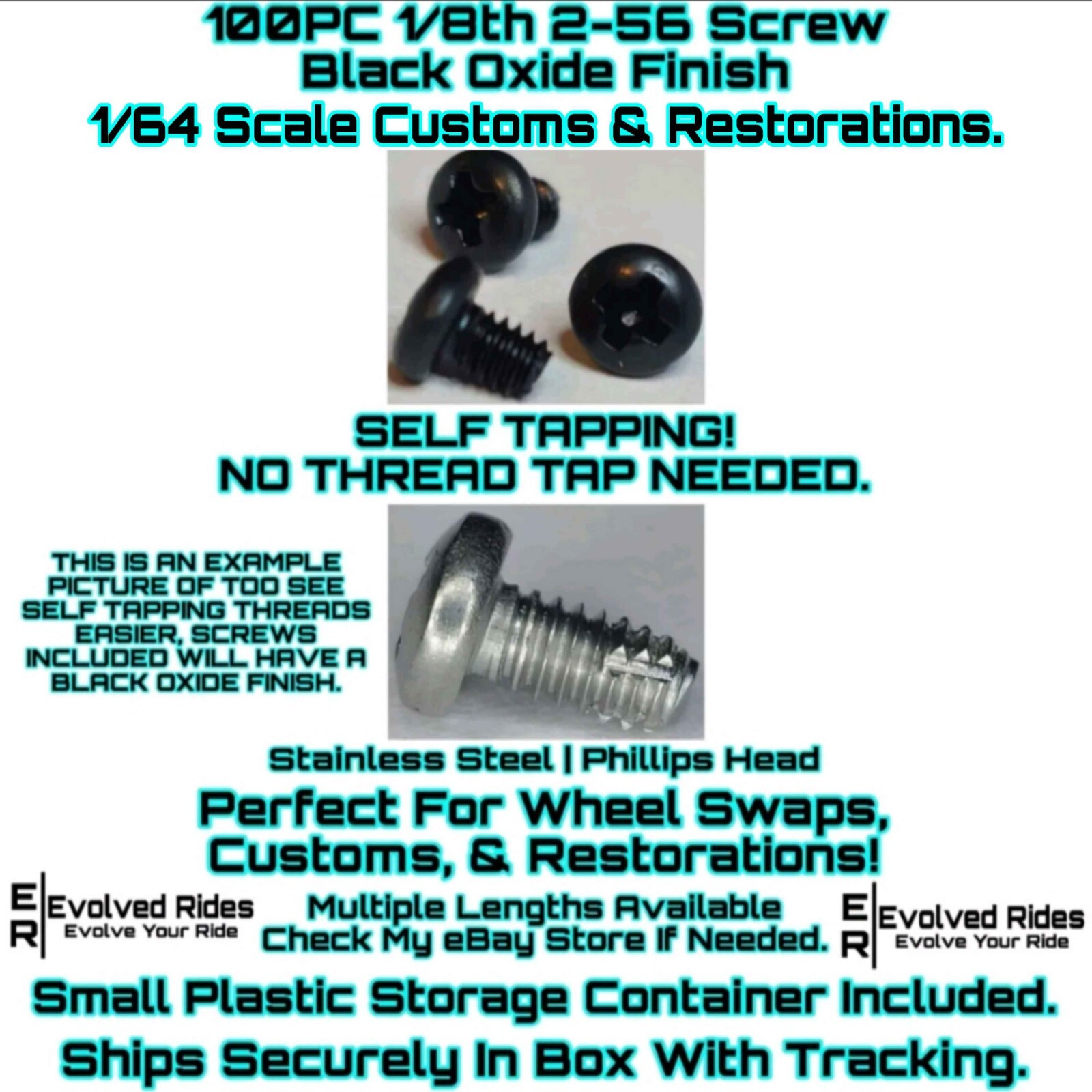 100pc Black 1/8th 2-56 Screw Self Tap For 1/64 Scale Customs Restorations