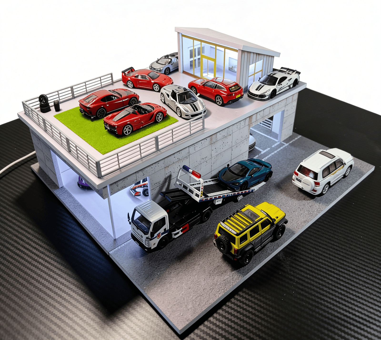 1/64 Diorama Garage Scene Building LED Light Display Parking Lot scene Model US