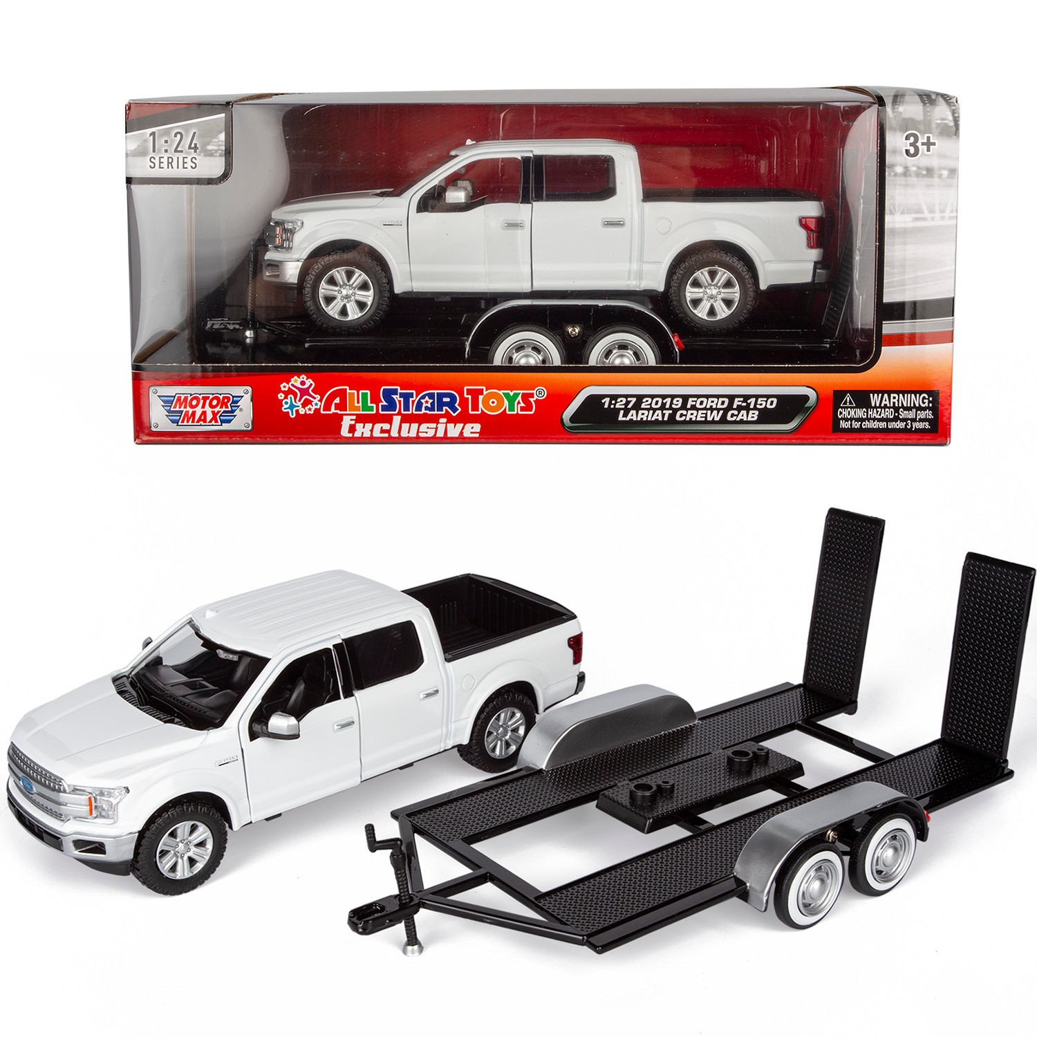 Motormax 1/27 2019 Ford F-150 Lariat Crew Cab Pickup Truck w/ Car Hauler Trailer