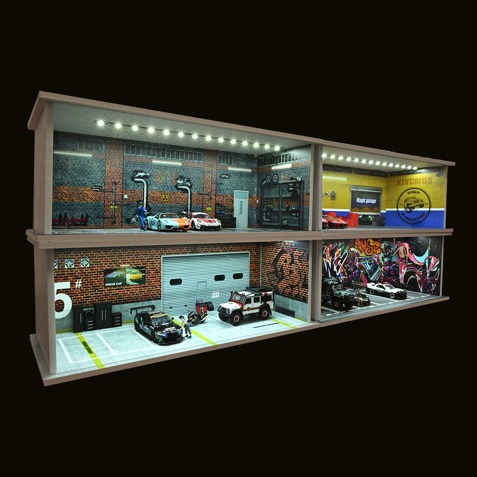 1/64 Diorama Die-cast Car Garage Model LED Lighting City Parking Lot Scene Model