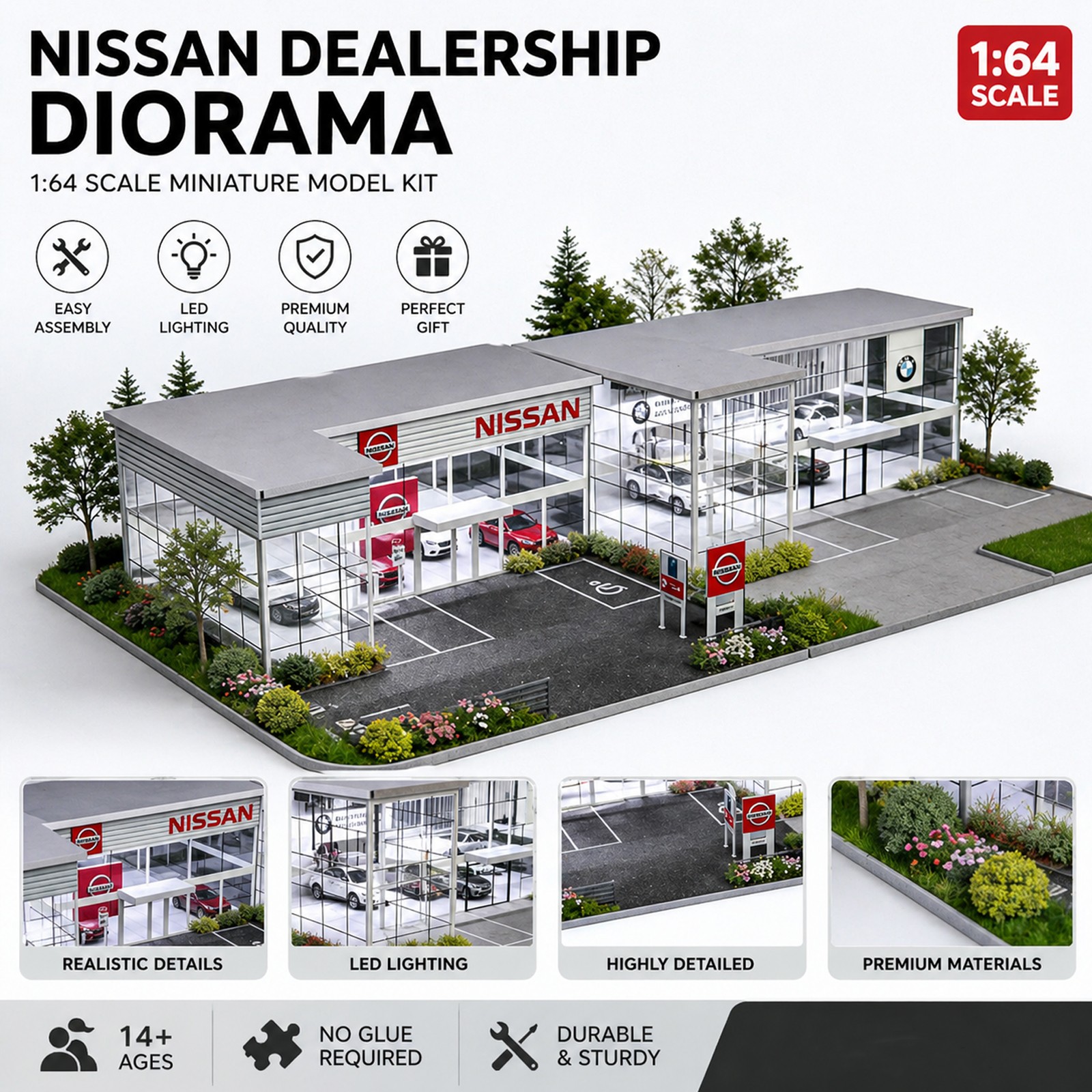 1/64 Diorama Car Garage Model LED Lighting Gas Stations Parking Lot Scene Model