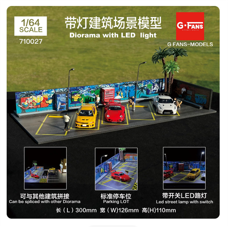 Diorama Car Garage Model LED Lighting Car Parking Lot Scene Display Model 1/64