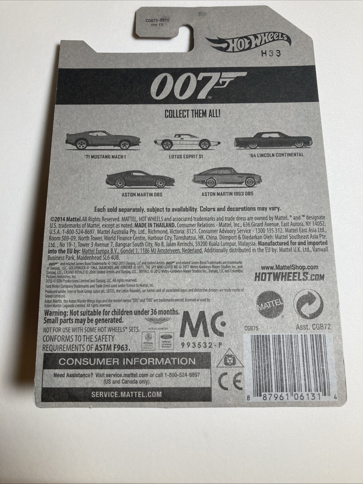HOT WHEELS 2015 JAMES BOND 007 SERIES ’64 LINCOLN CONTINENTAL GOLDFINGER MOVIE