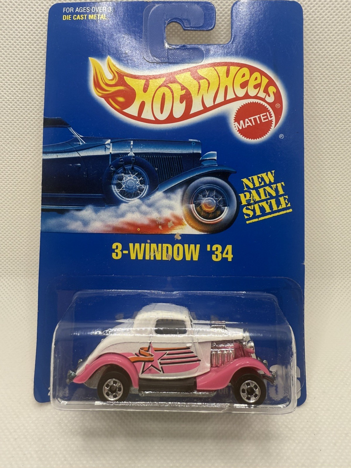 Hot Wheels 3-Window ’34 Ford w/Rare Pink Fender Variation-1994 Blue Card #196