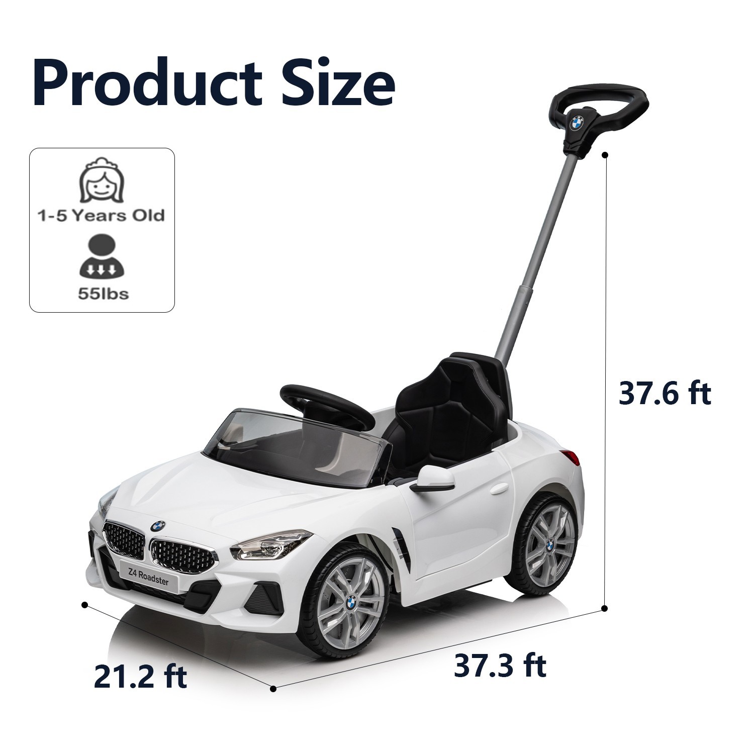 3-in-1 Push Car with Handle , Ride-Ons Toy Push Car for Toddlers 1-6，White
