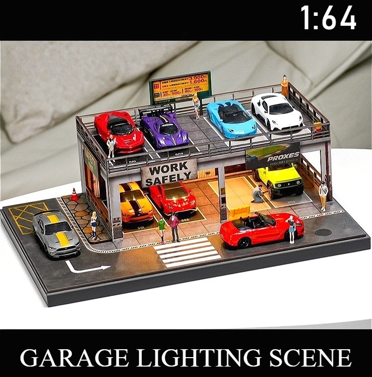 1/64 Diorama Car Garage Model LED Lighting Parking Lot Model Display Case US