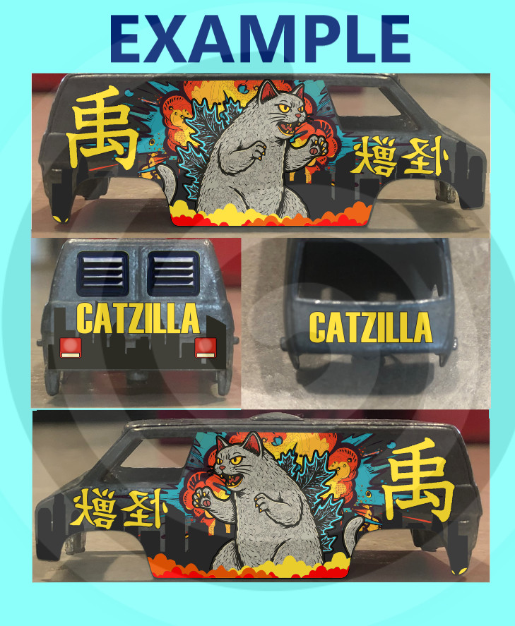 White Toner 1:64 Waterslide Decal for Super Van Godzilla Humor Catzilla Kaiju