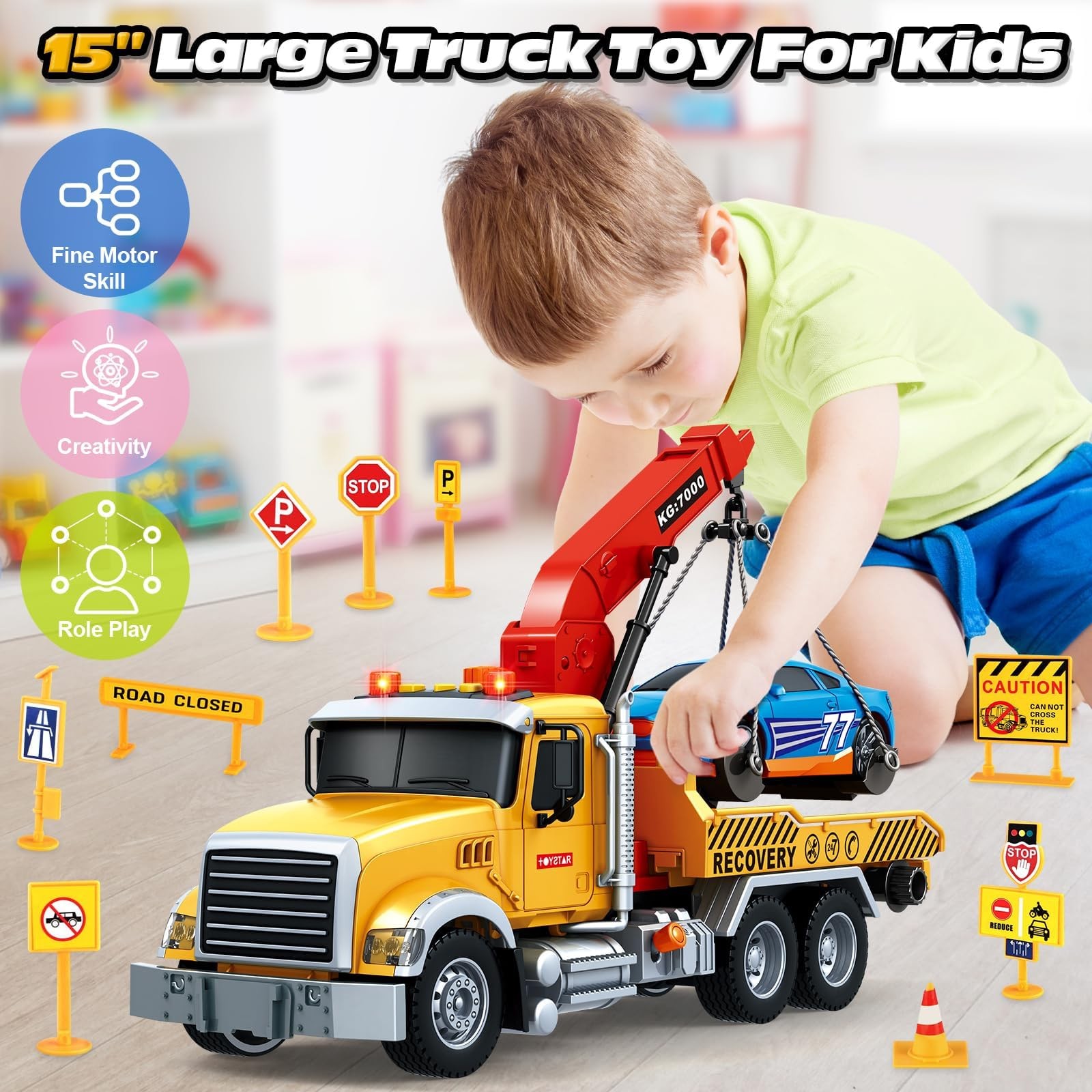 Kids Toys for 3 4 5 6 7 Years Old Boys, 15″ Large Tow Truck Toy, Friction Pow…