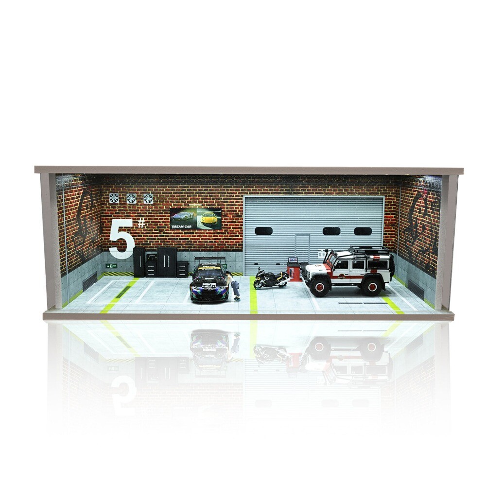 1/64 Diorama Car Garage LED Lighting Car Repair Workshop Scene Display Model Toy