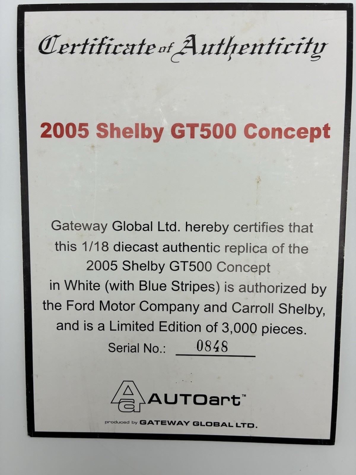 1/18 AUTOart 2005 Ford Mustang Shelby Cobra GT500 Concept White Blue Stripes