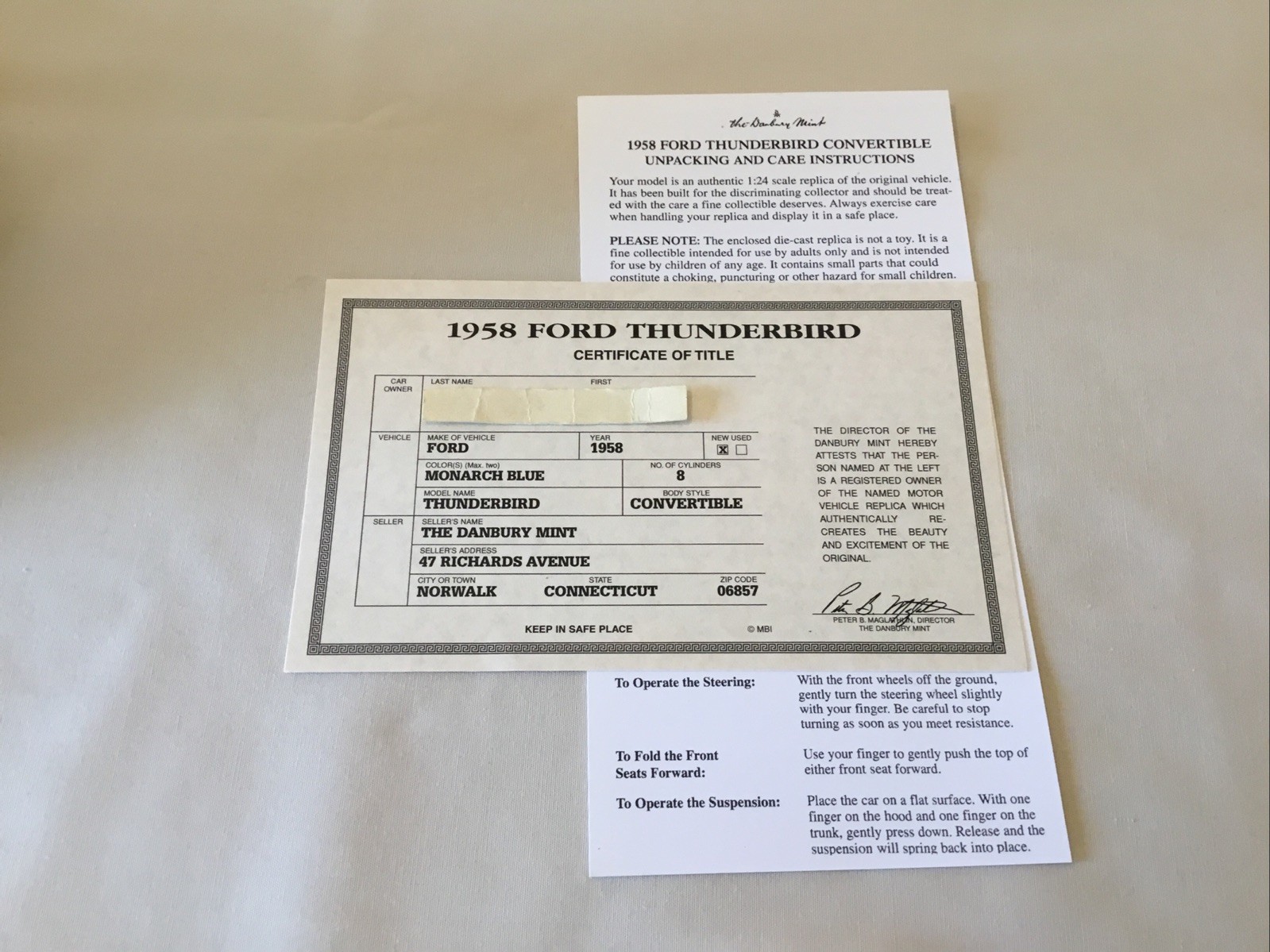 Danbury Mint 1958 Ford Thunderbird Convertible Title Paperwork Only 1:24