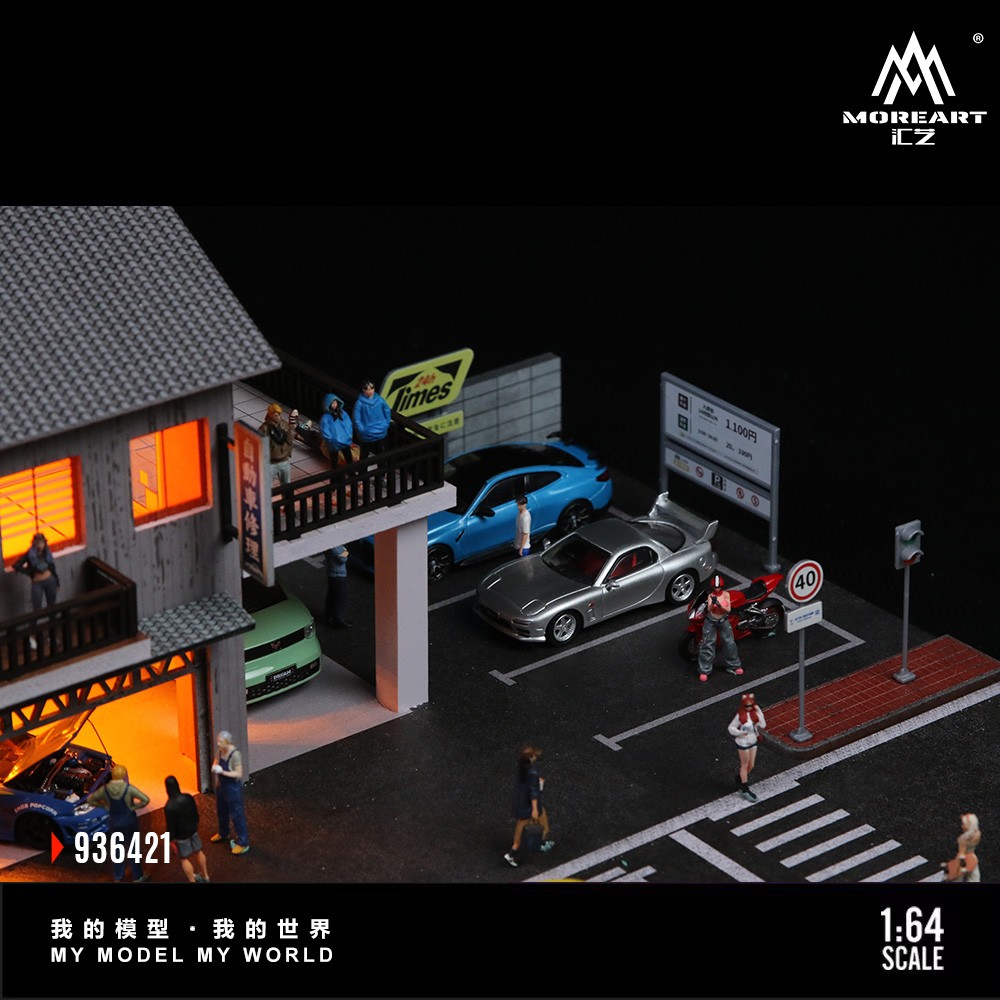 1/64 Diorama Diecast Garage Model LED Lights Display Parking Lot Building Scene