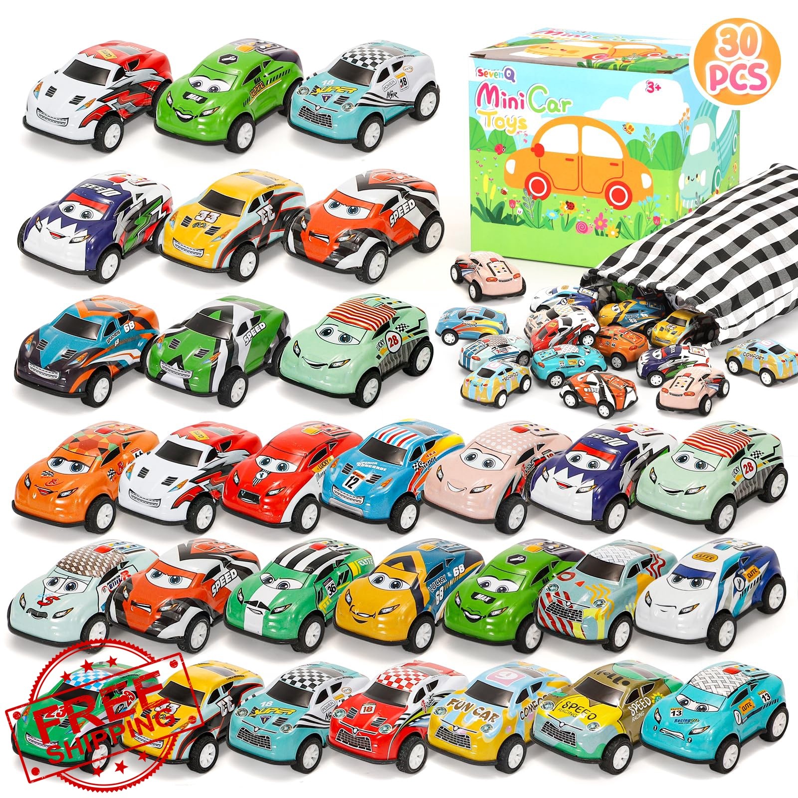 SevenQ 30Pcs Pull Back Toy Cars Kids Ages 4-8