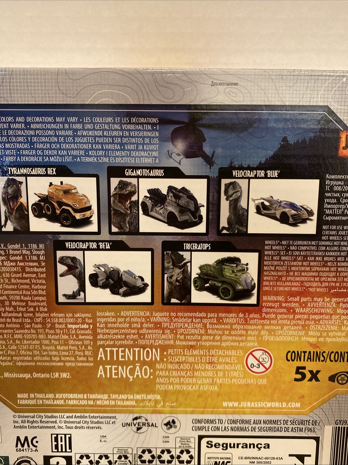 Hot Wheels Jurassic World Dominion Set of 5 Toy Character Cars or Trucks New