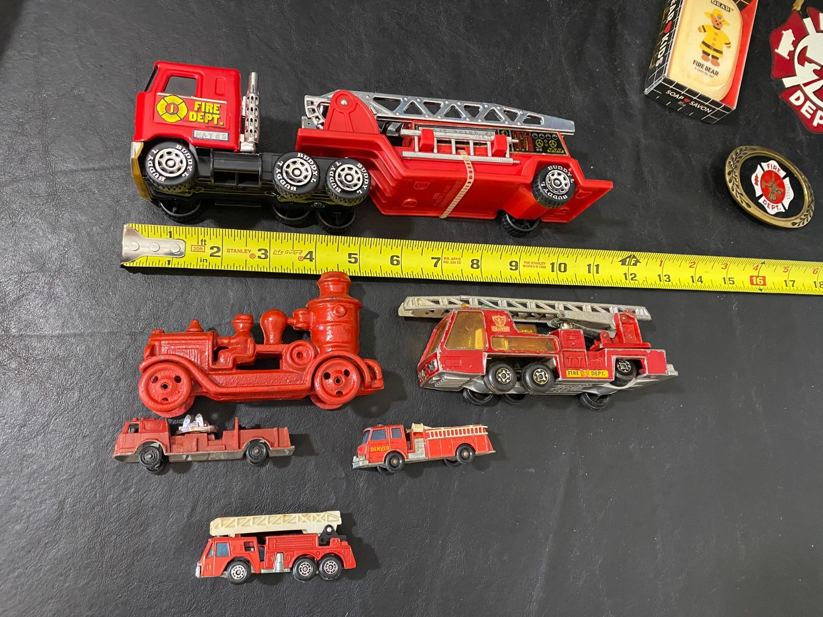 fire department collectibles cast iron Matchbox w/ belt buckle figure and more!