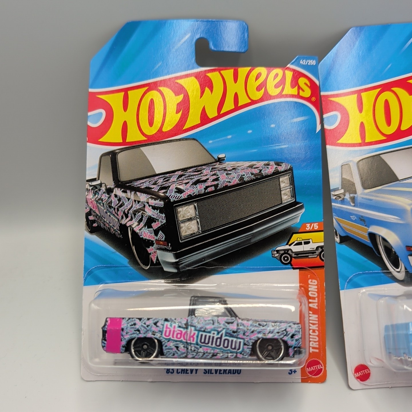 2026 HOT WHEELS ’83 CHEVY SILVERADO HW HOT TRUCKS GRAY BLACK WIDOW BLUE LOT OF 3
