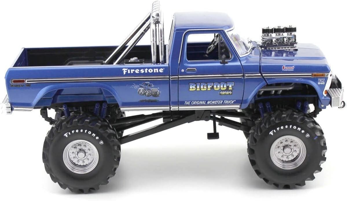 1974 FORD F-250 48″ TIRE MONSTER TRUCK W/ BOB CHANDLER FIGURES BLUE 1:18 SCALE