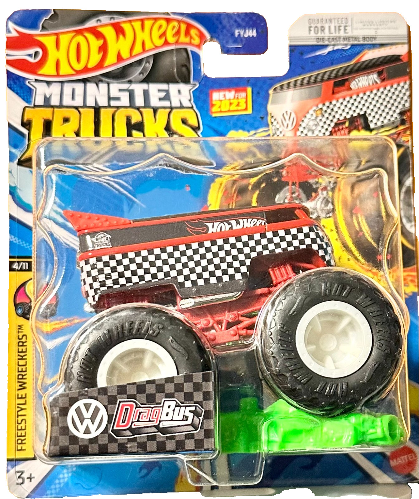 Hot Wheels 2023 Monster Trucks DRAG BUS Red w/ Crushed Car HLT12