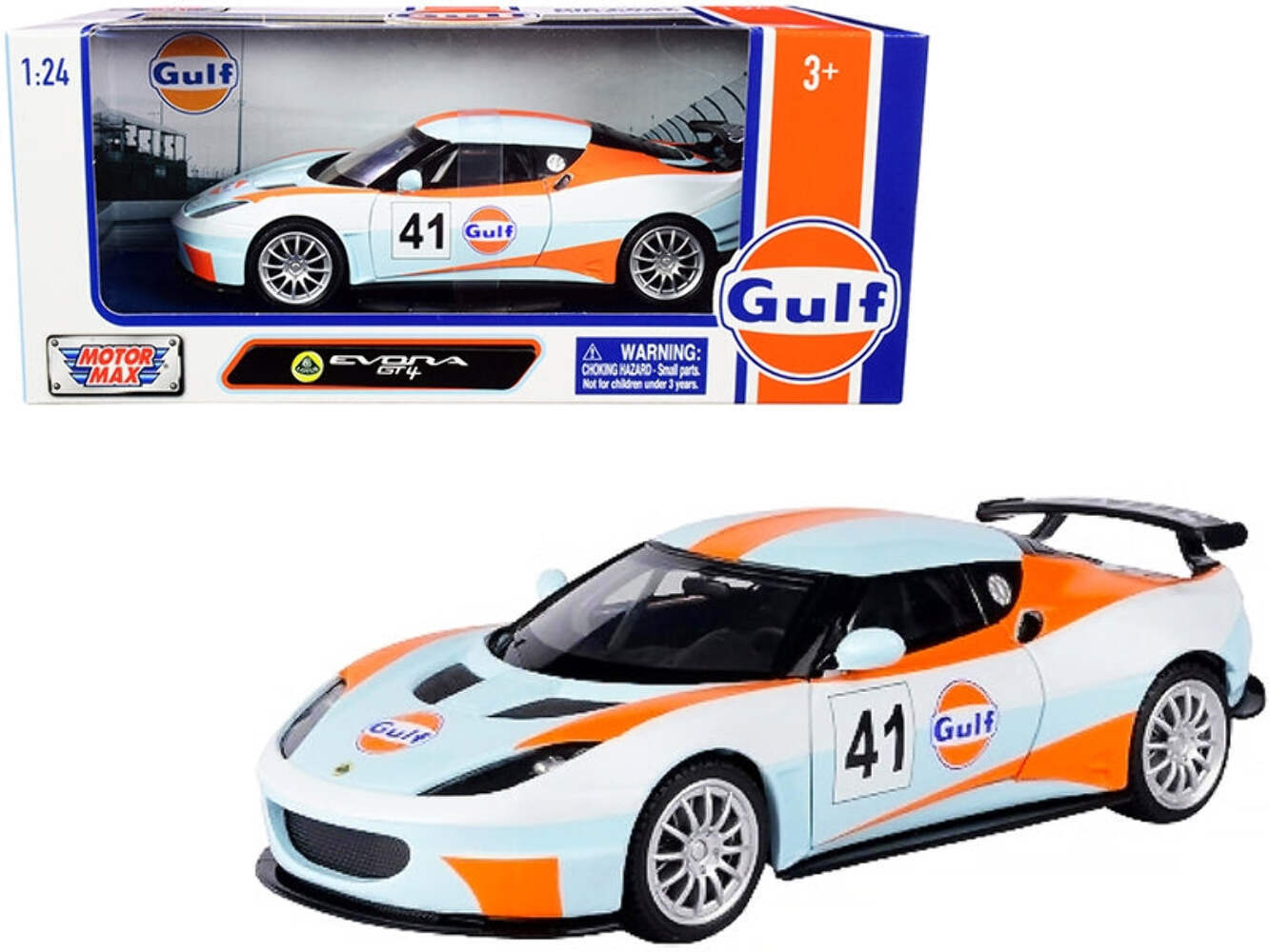 Lotus Evora GT4 #41 “Gulf Oil” Light Blue with White and Orange Stripes 1/24 Die