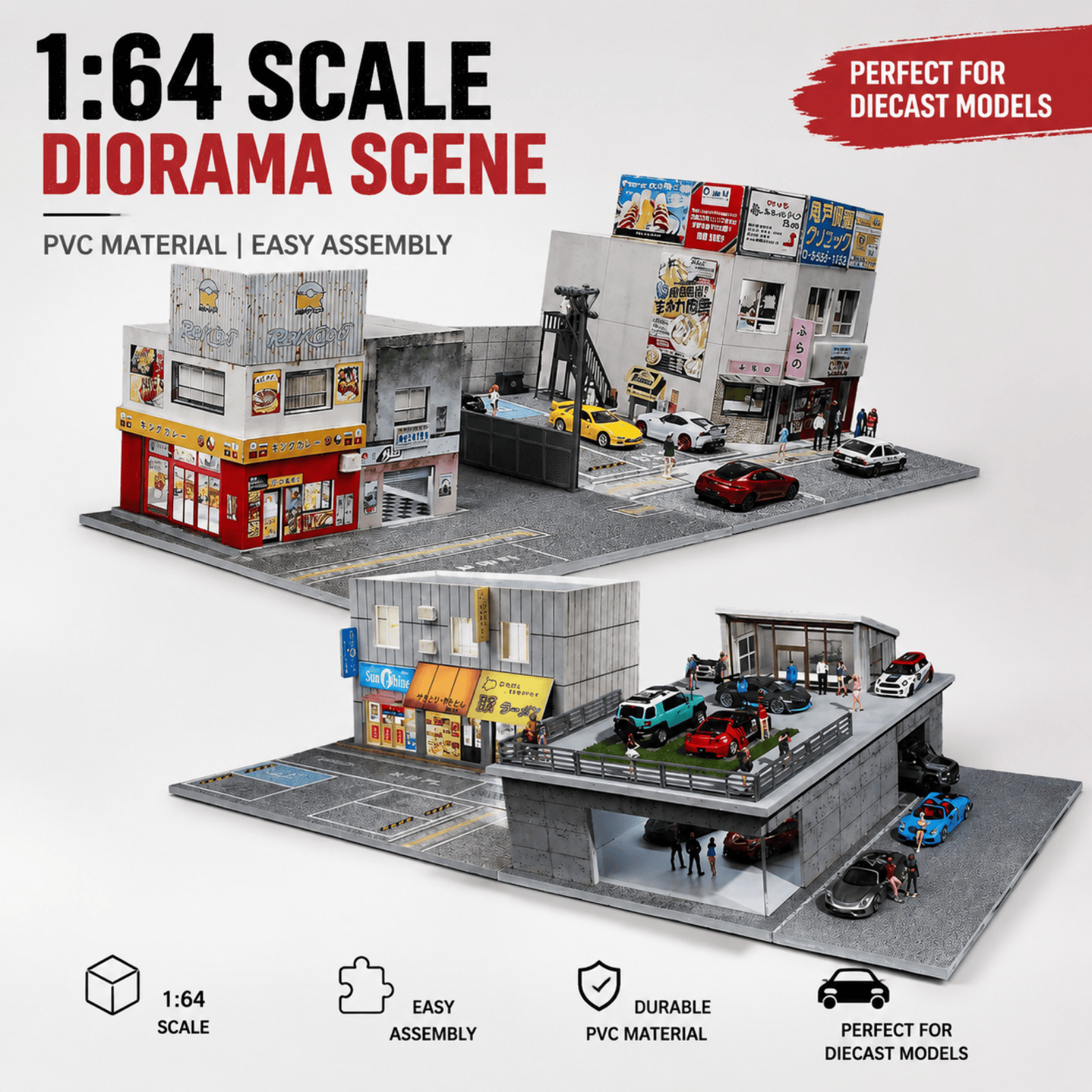 US Diorama 1:64 Diecast Garage Model LED Japanese Building Scene Parking Lot