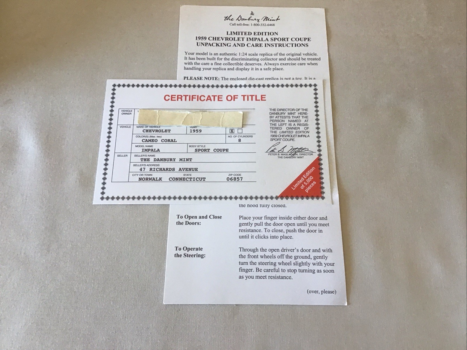 Danbury Mint 1959 Chevrolet Impala Sport Coupe L.E. Title Paperwork Only 1:24