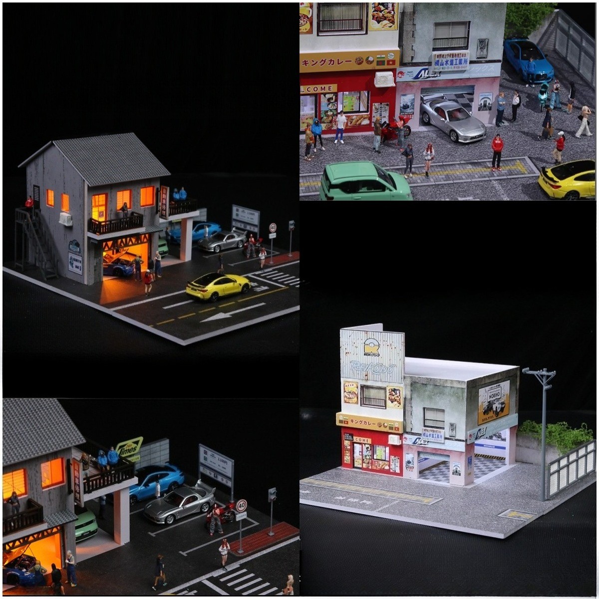 1:64 Scale Diorama LED-Light car Garage City Street Store Building Scene Model