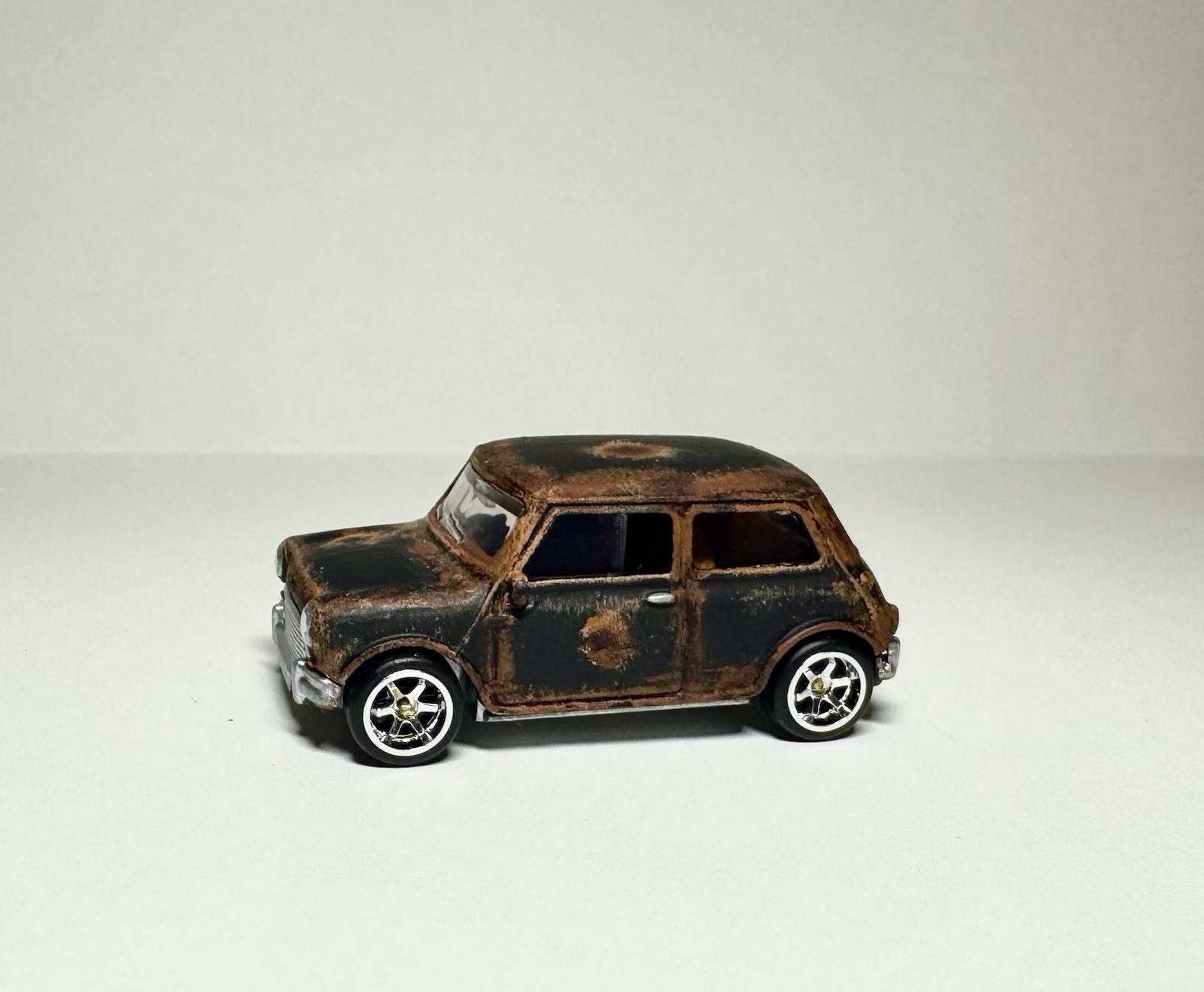 Custom Hot Wheels Black Austin Mini Cooper S Rat Rod W/ Real Riders