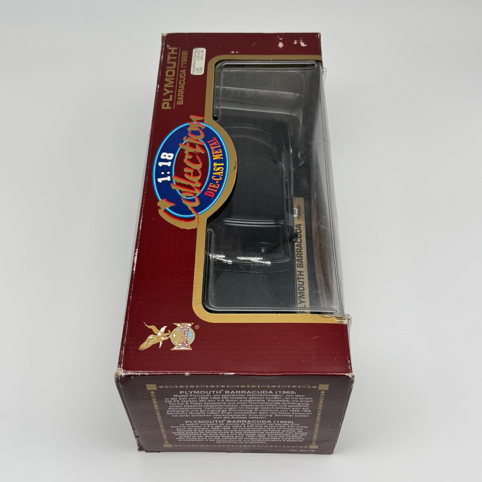 Road Legends 1969 Plymouth Barracuda Black Silver Stripe 1:18 Scale Diecast