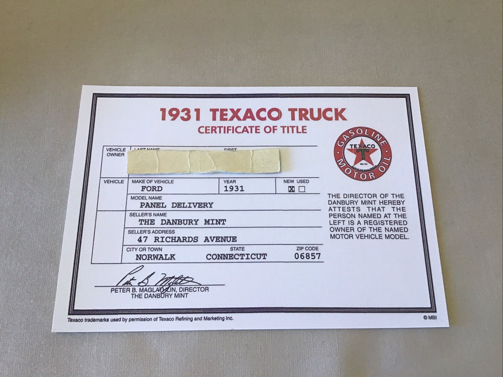 Danbury Mint 1931 Texaco Ford Panel Delivery Truck Title Paperwork Only 1:24