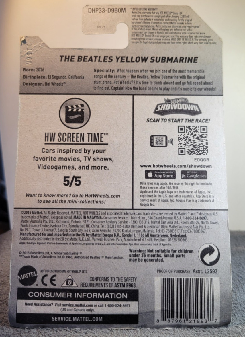 2016 Hot Wheels The Beatles Yellow Submarine HW Screen Time [5/5] HTF!