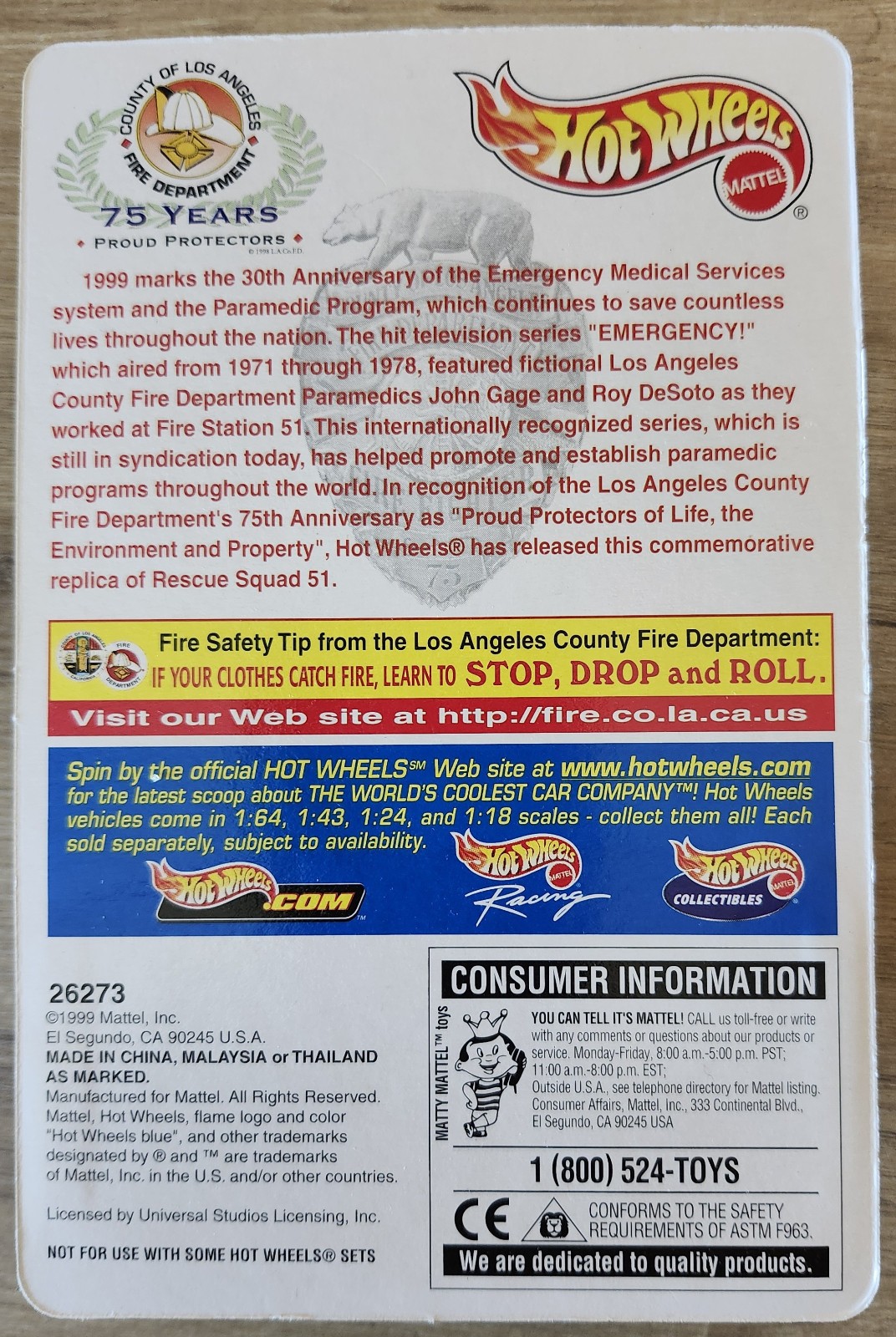 Hot Wheels Emergency LA Fire Dept Special Edition 1999 signed Randolph Mantooth
