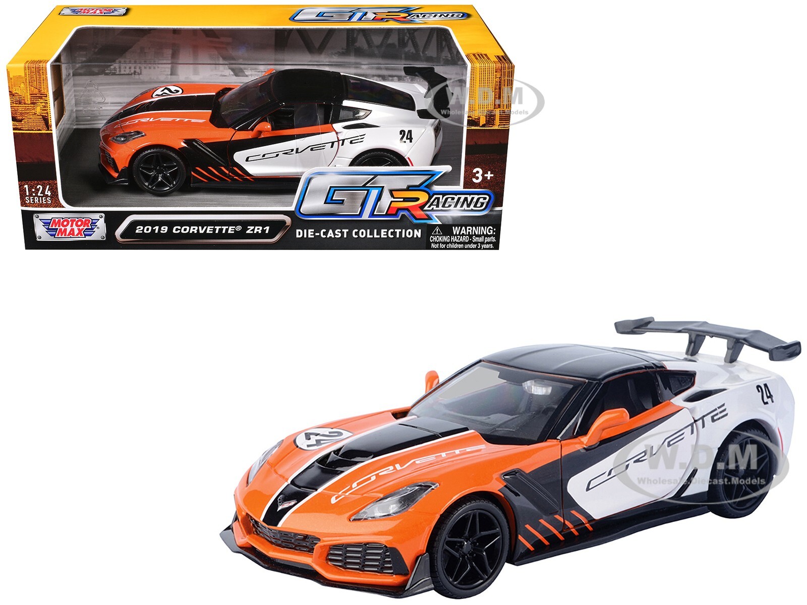 2019 CHEVROLET CORVETTE ZR1 #24 ORANGE & WHITE 1/24 DIECAST BY MOTORMAX 73796