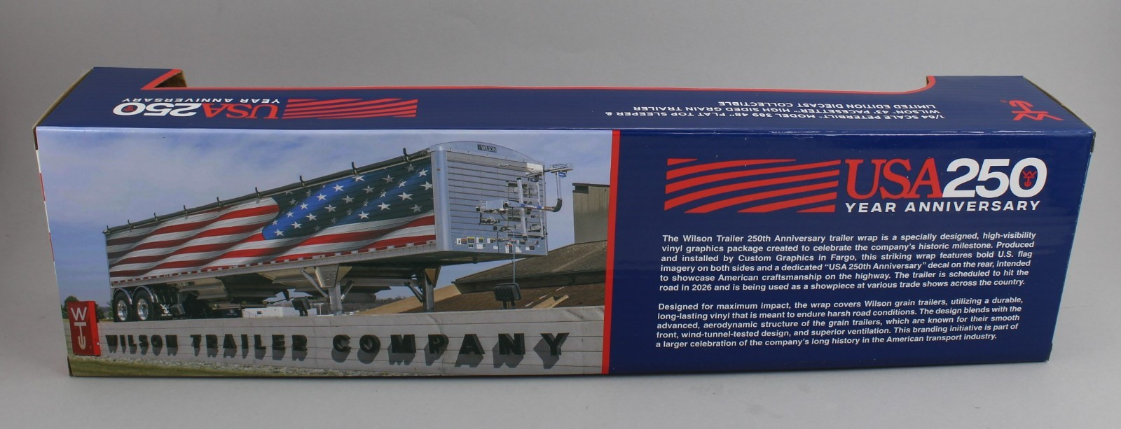 DCP 1:64 *BLUE AMERICA 250* Peterbilt 389 48″ Flattop w/Wilson Grain Trailer NIB