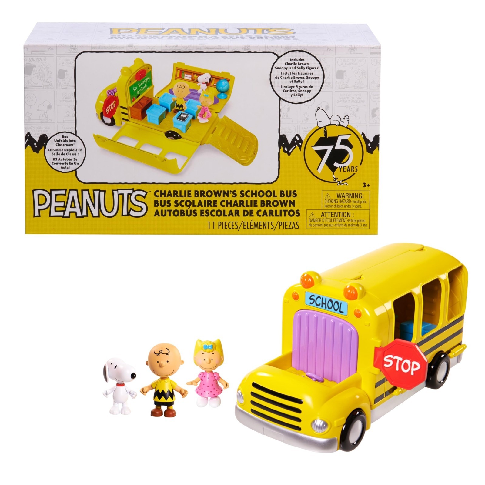 Interactive School Bus Toy Set – 11-Piece Charlie Brown, Snoopy & Sally Figures