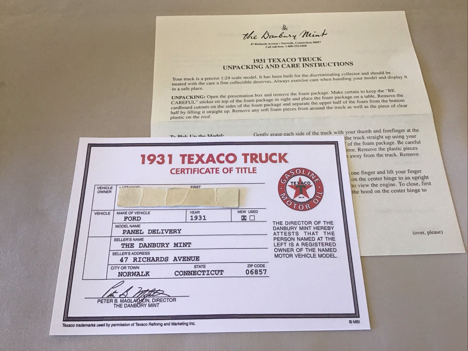 Danbury Mint 1931 Texaco Ford Panel Delivery Truck Title Paperwork Only 1:24