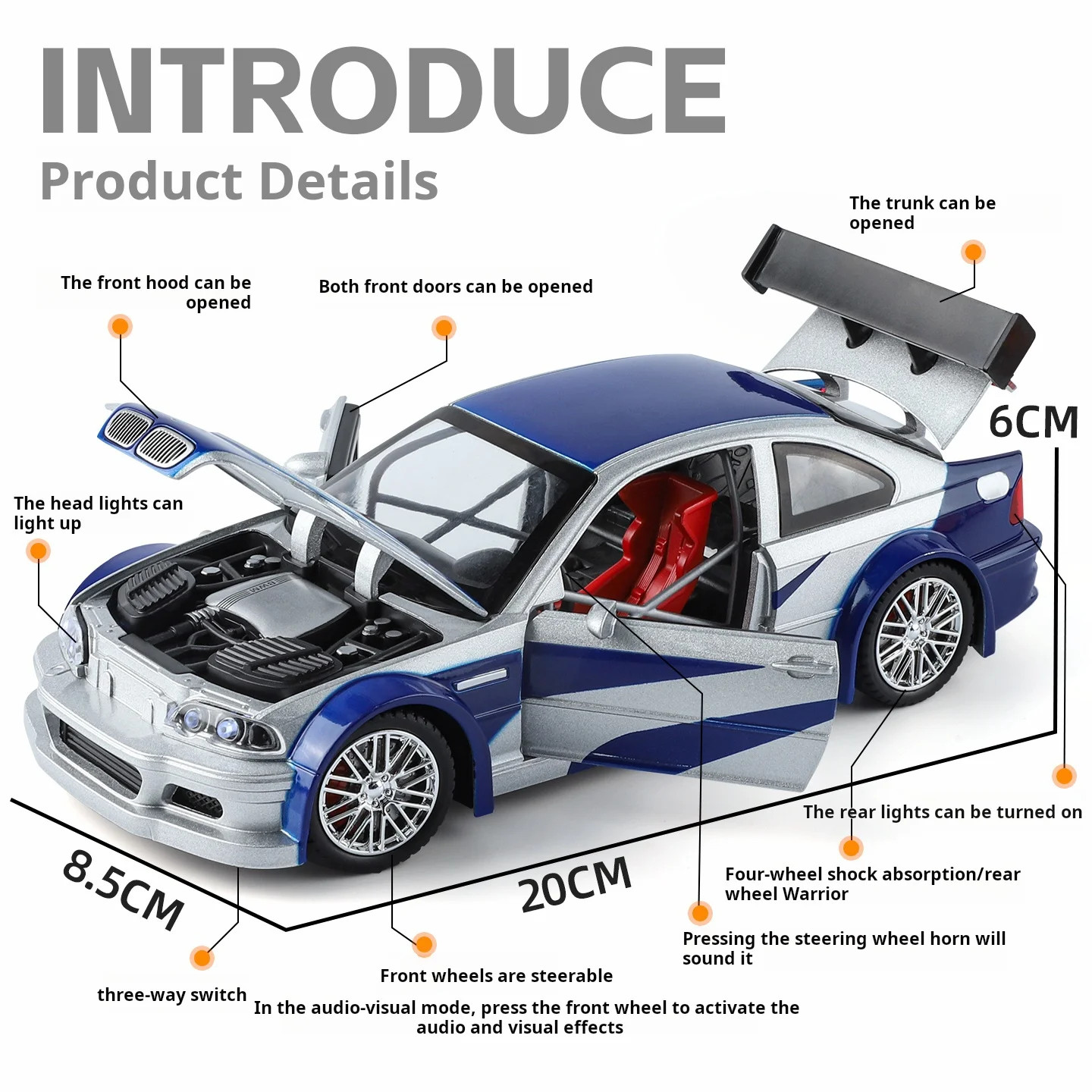 1:24 BMW M3 GTR E46 Alloy Muscle Diecast Car Model Sound Light Birthday Gift Toy