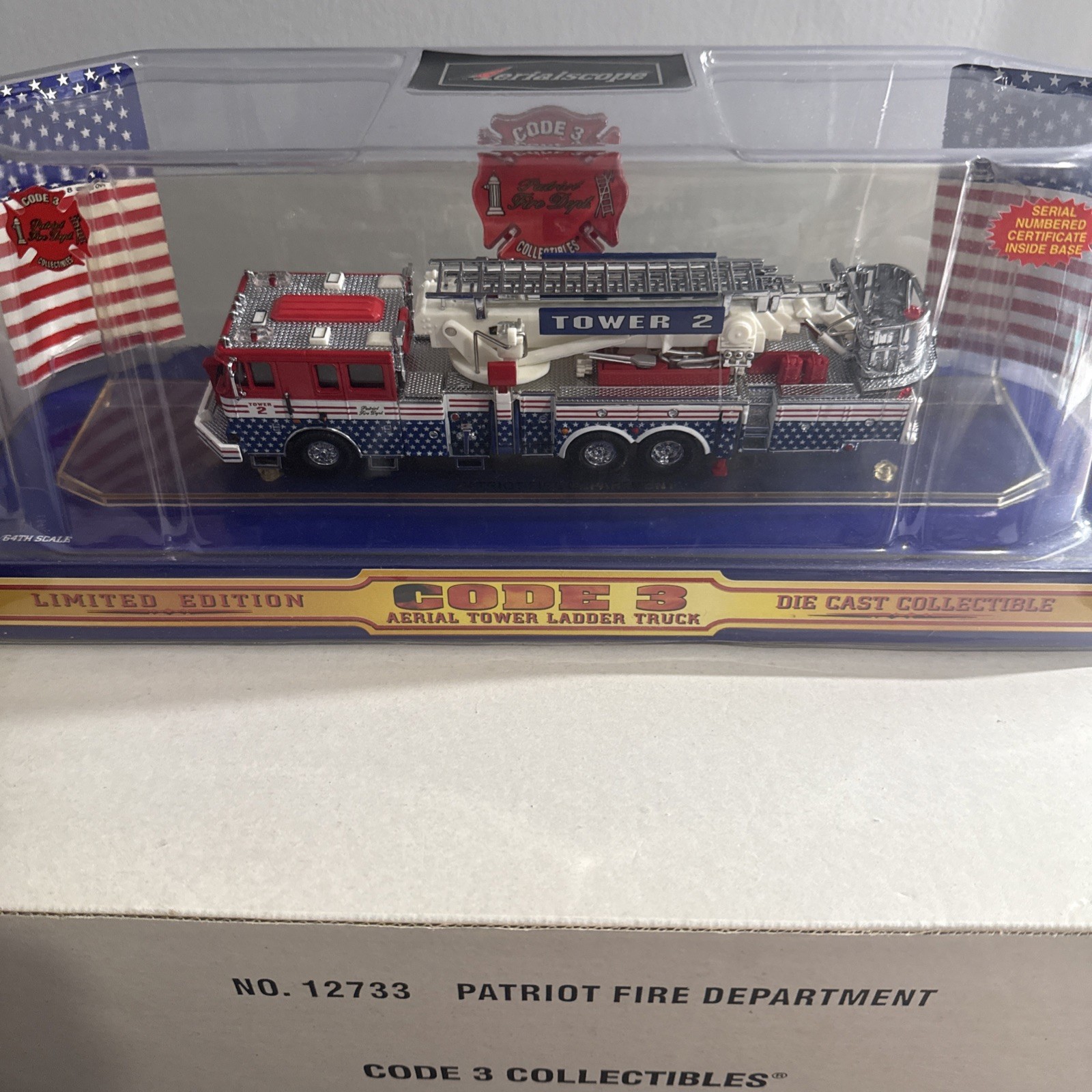 Aerialscope Code 3 Patriot Fire Dept Tower 2 Ladder Truck 1/64 12733 New in box
