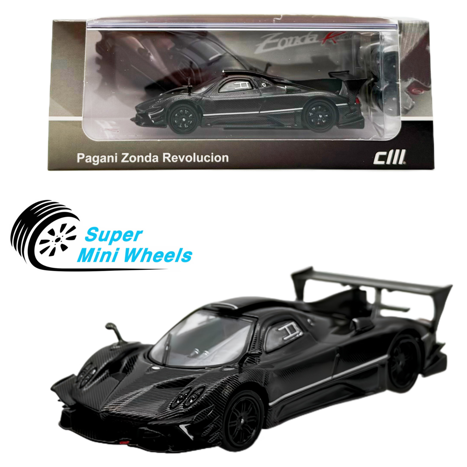 CM Model 1:64 Pagani Zonda Revolucion – Black Full Carbon – With Extra Wheels