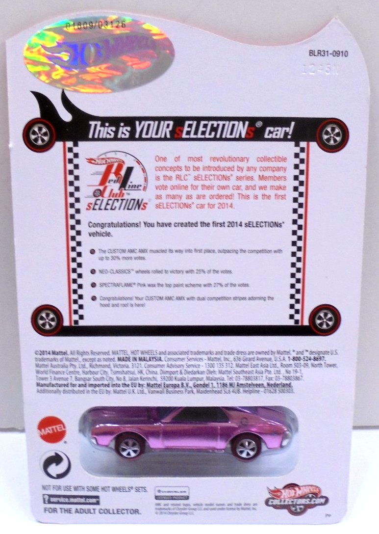 Hot Wheels Red Line Club 2014 Custom AMC AMX Pink Limited Edition 1809-3126