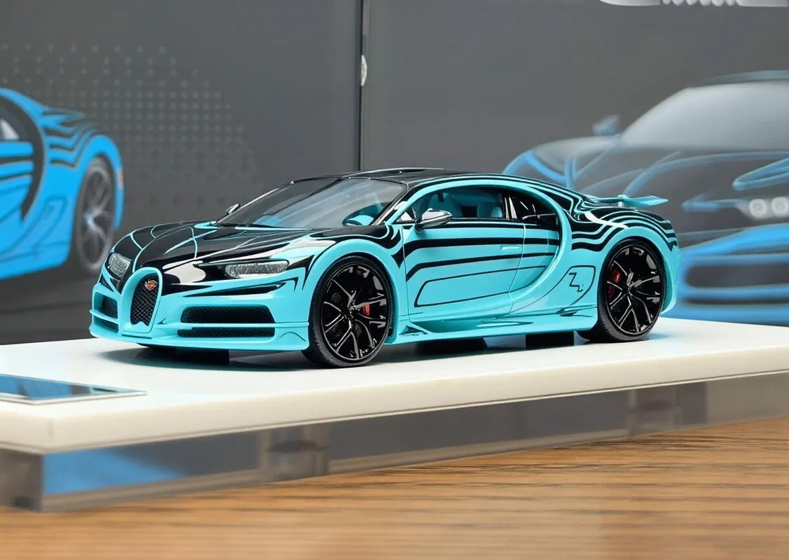 LJM 1:64 Black Blue Chiron Racing Sports Model Diecast Resin Car