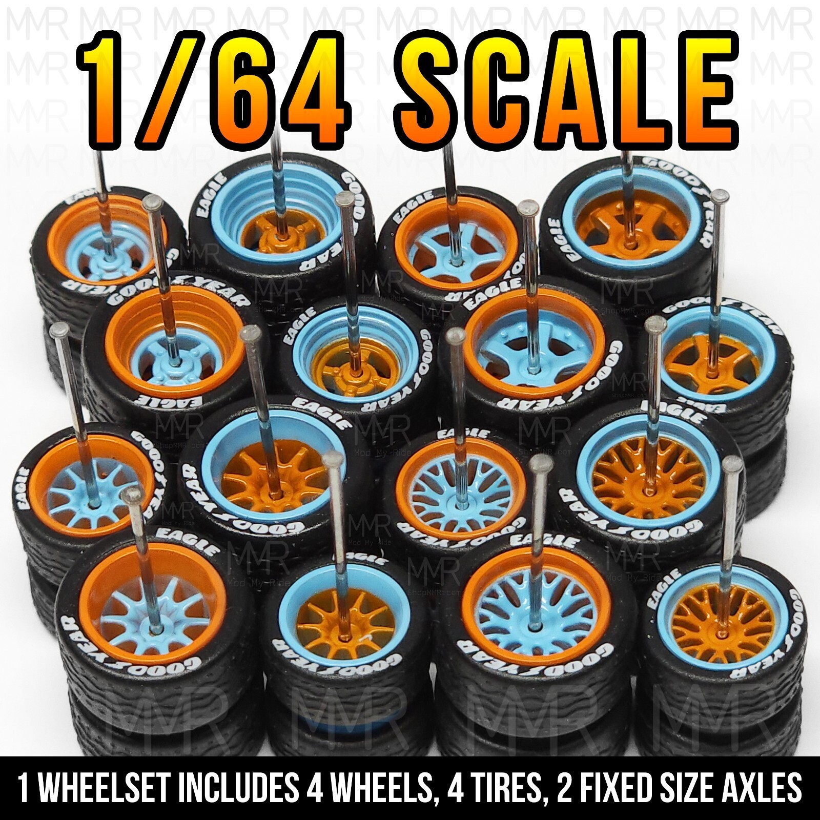 1/64 Scale GULF – Goodyear Letter Real Rider Wheels Rubber Rims Tire Set for Hot