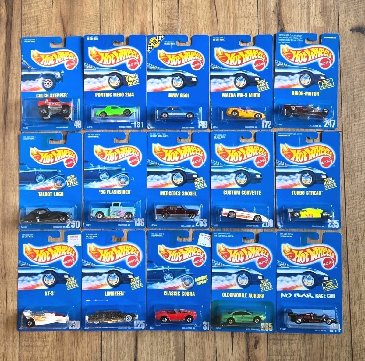 Hot Wheels Lot Of 15 Blue Cards, Pontiac, BMW, Olds, Cobra, Chevy, Mazda, 380SEL