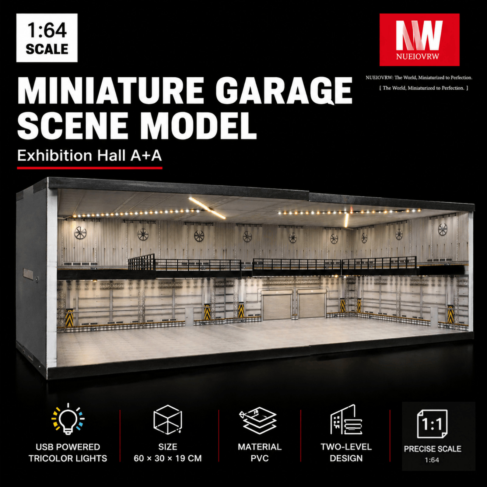 US Diorama 1/64 Diecast Garage Model LED Lighting Parking Car Display Case Model