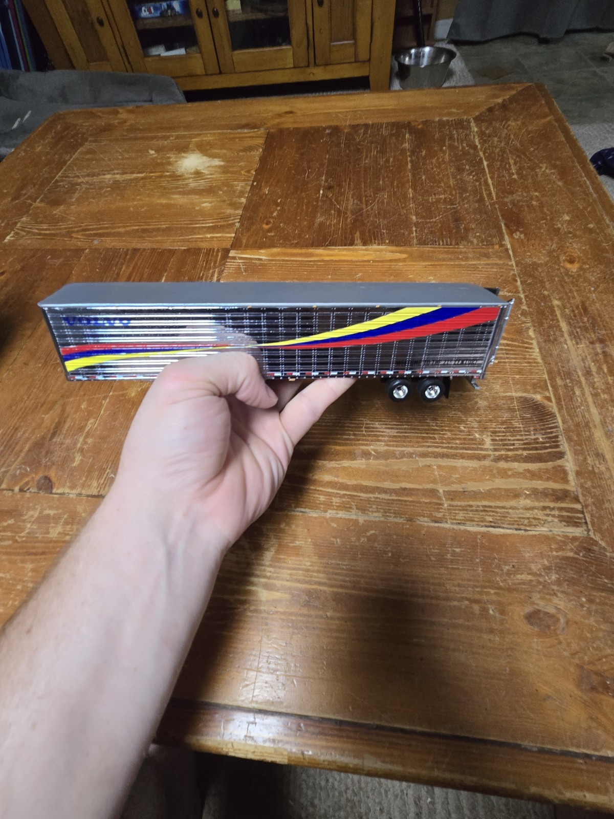 Volvo Diecast Trailer Model Silver Multi-Color Stripes w/ Opening Doors