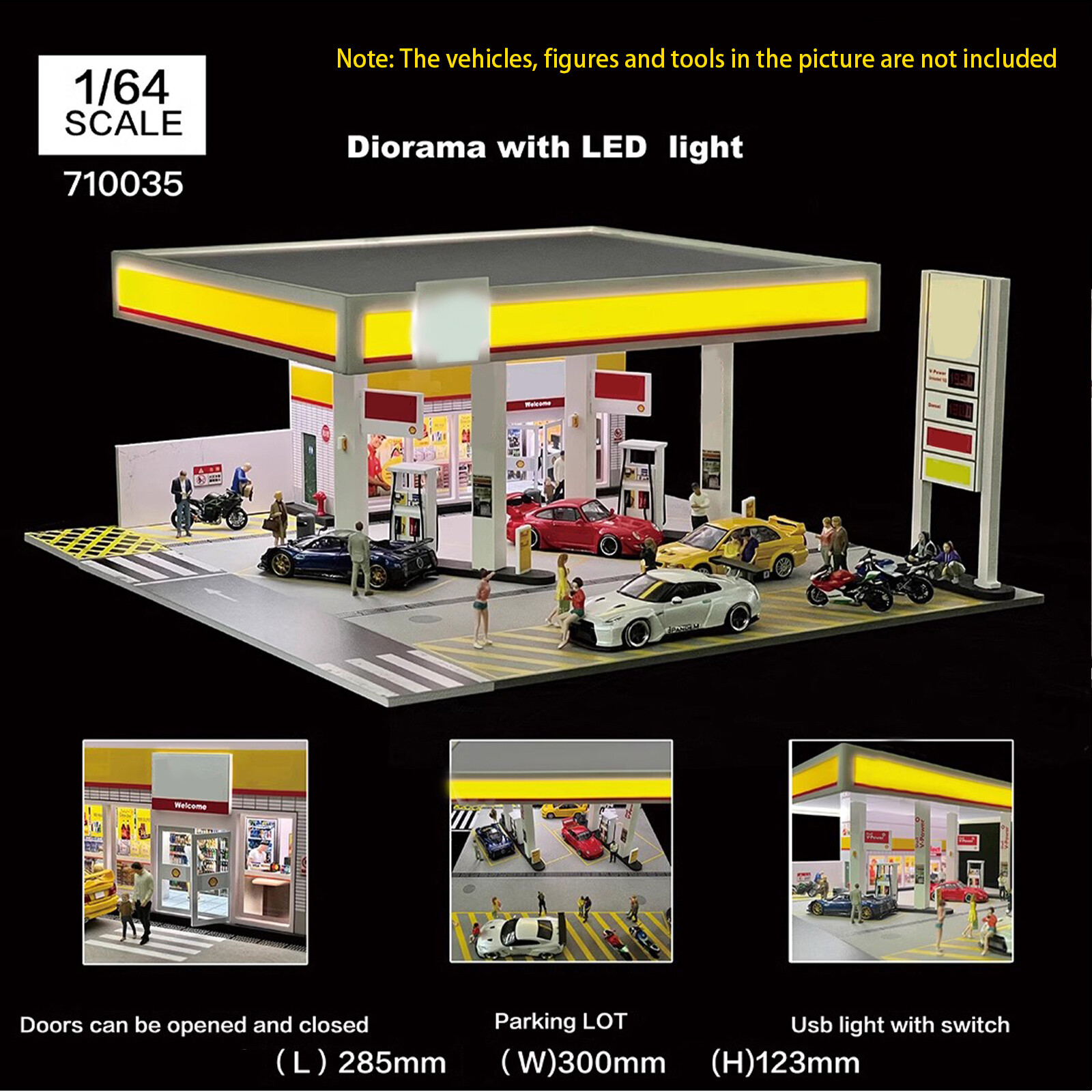 Diorama 1/64 Car Garage Model LED Lighting Gas Stations Parking Lot Scene Model